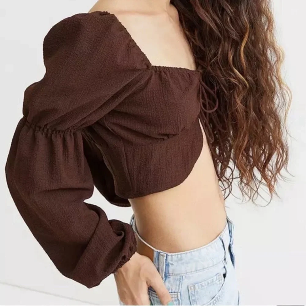 H&M Divided Brown Long Sleeve‎ Lace Up Boho Crop Top Size Small